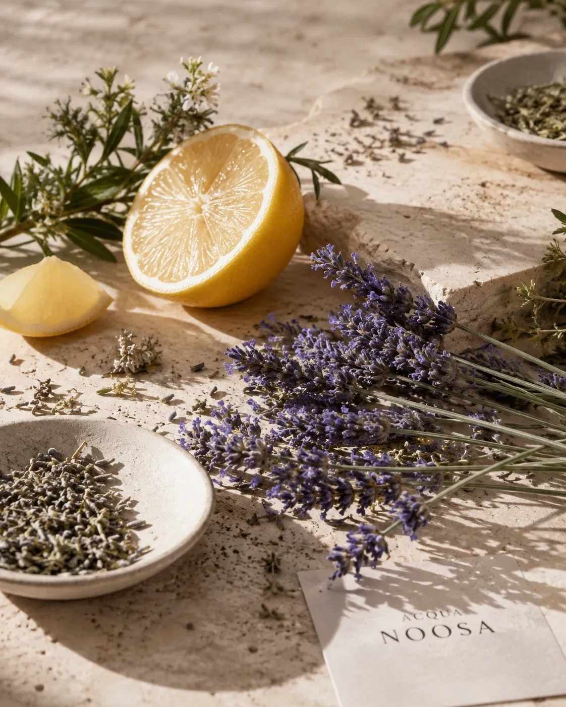 Lemon, lavender and native herbs on warm stone